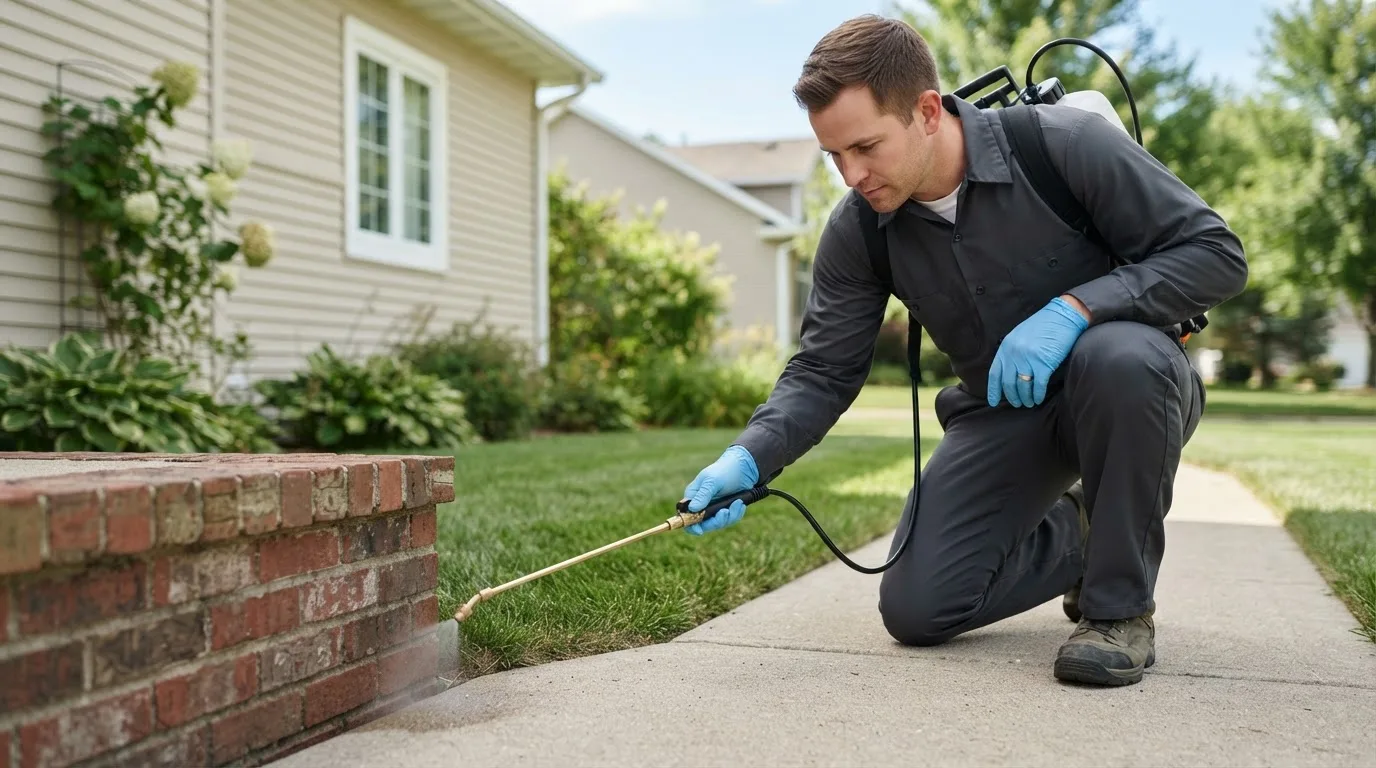 Pest control technician treating a home near Amenia, ND